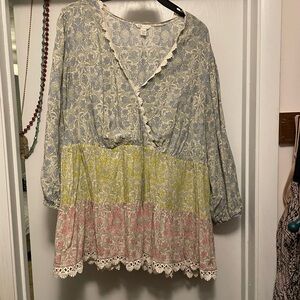 Cato Floral Patchwork Tunic in Blue, Yellow & Pink